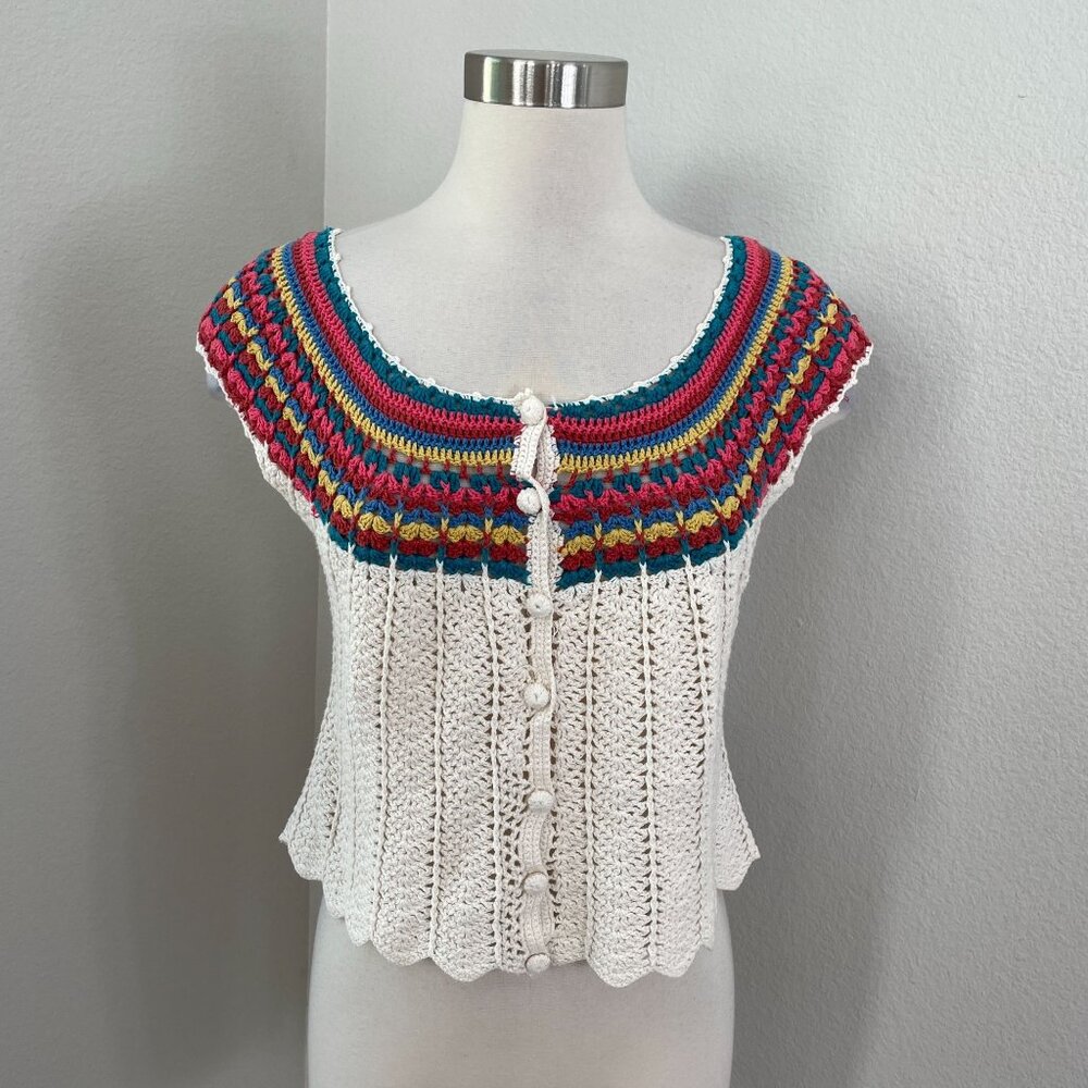 Vintage Y2K Forever 21 Medium Crochet Button Up Sleeveless Top Boho Cottagecore